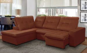 sofá de 5 lugares retrátil e reclinavel grandelly marselha em sala de estar na cor cobre